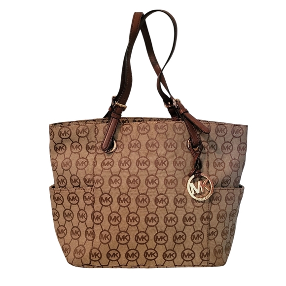 Michael Kors East West Monogram Travel Tote Bag Tan Brown Gold Hardware CarryAll - Picture 1 of 16